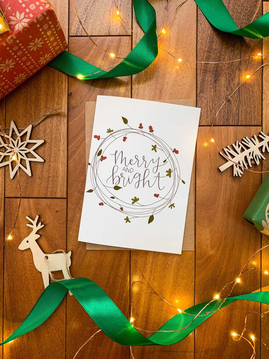 Cute Handmade Merry & Bright Wreath Holiday Card by StoneDonut Design