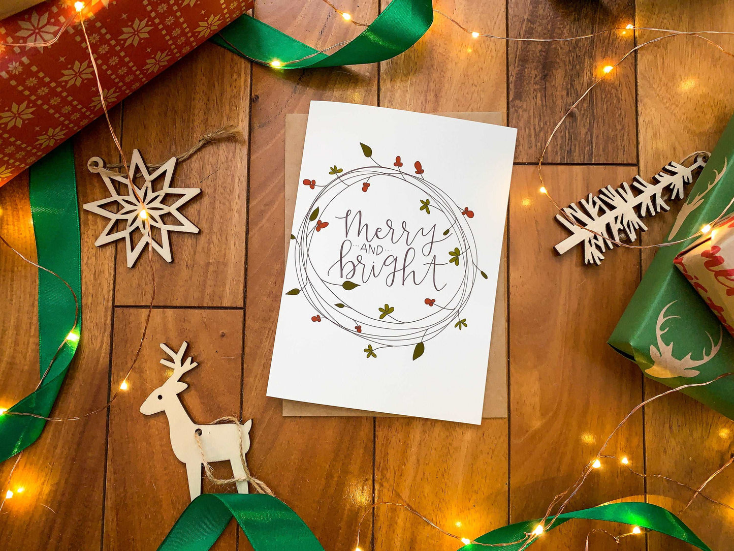 Cute Handmade Merry & Bright Wreath Holiday Card by StoneDonut Design