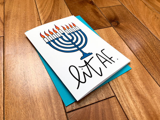 Handmade Menorah Lit AF Funny Hanukkah Card by StoneDonut Design