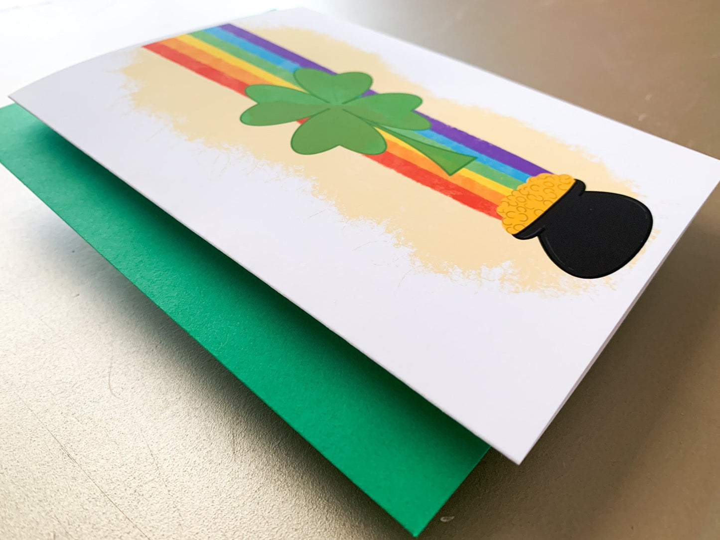 St. Patrick's Day Shamrock Rainbow Pot of Gold Handmade Card by StoneDonut Design