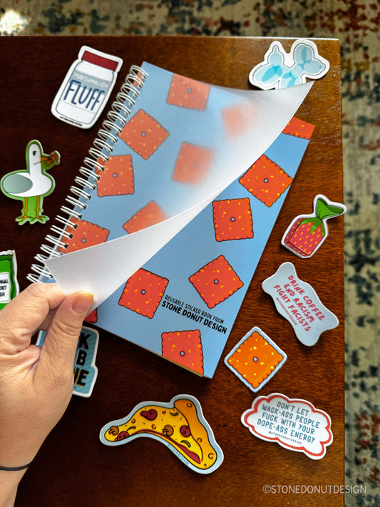 Cheezy Cracker Reusable Sticker Book (50 double-sided pages)