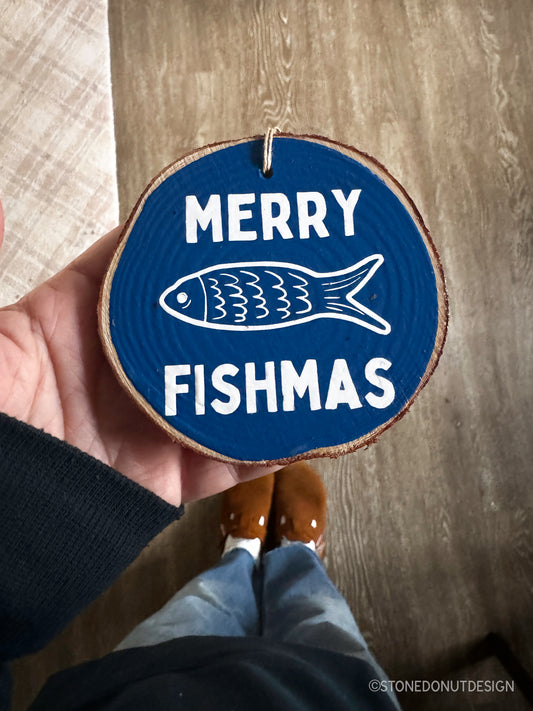 Merry Fishmas Wood Slice Ornament