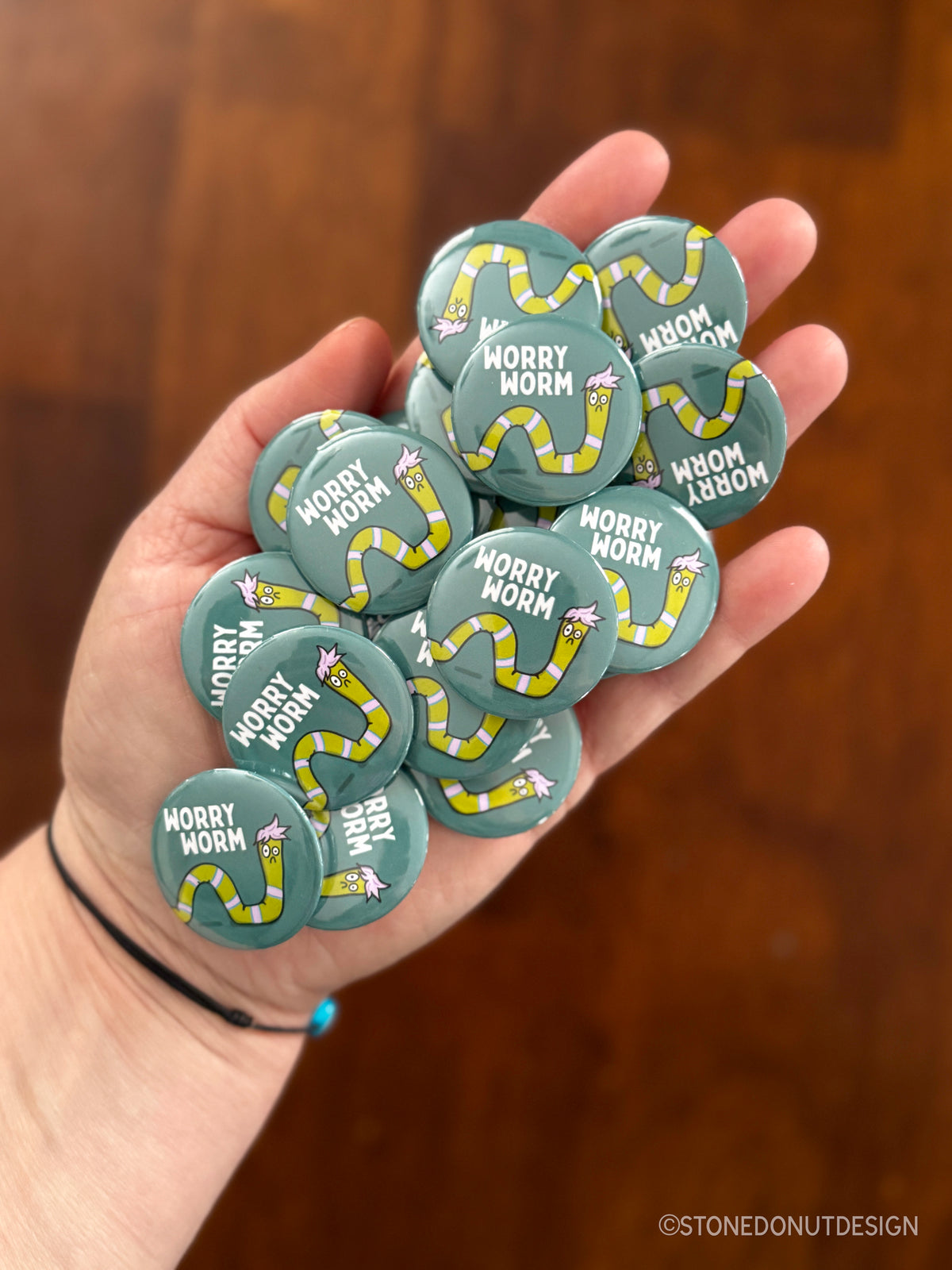 Worry Button Worry Worm Pinback Button – Stone Donut Design