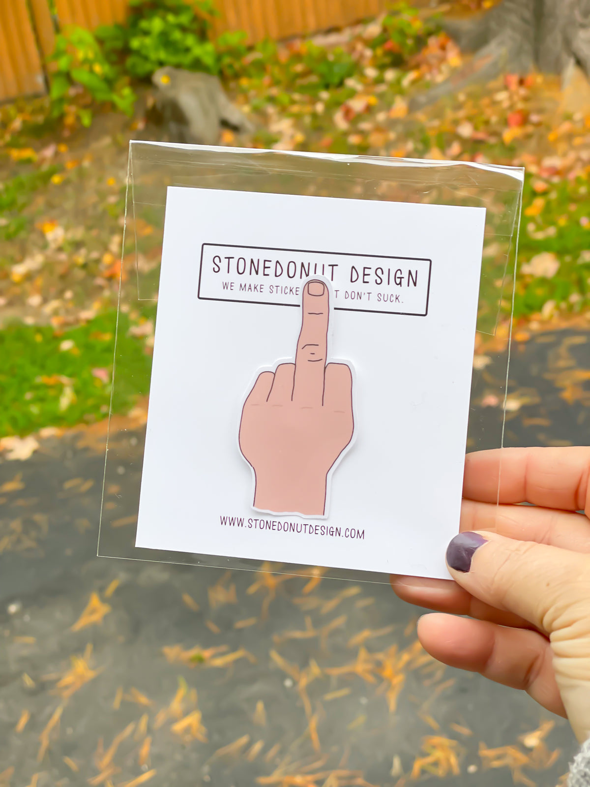 Middle Finger Vinyl Sticker – Stone Donut Design