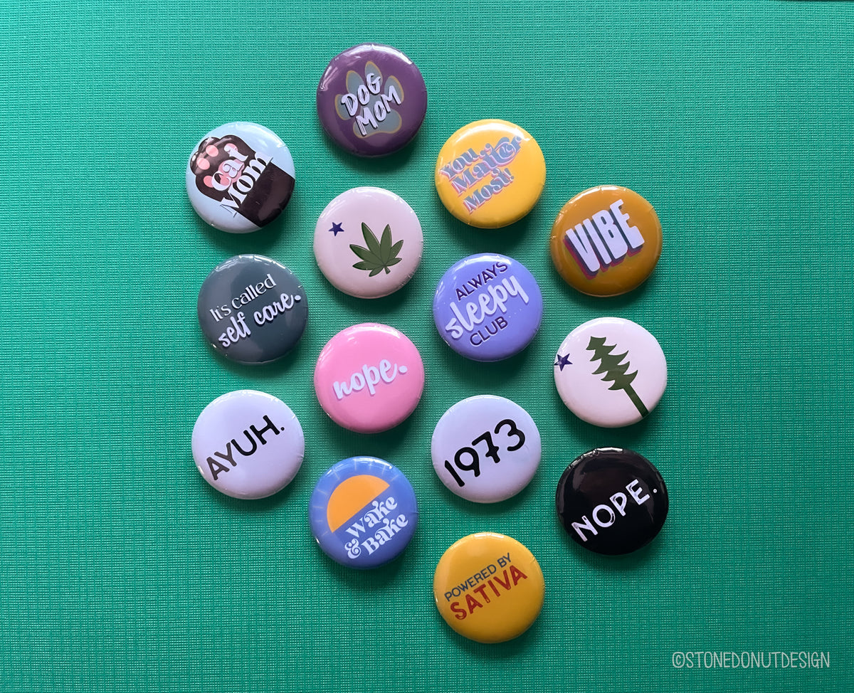 Assorted Pinback Button Designs – Stone Donut Design
