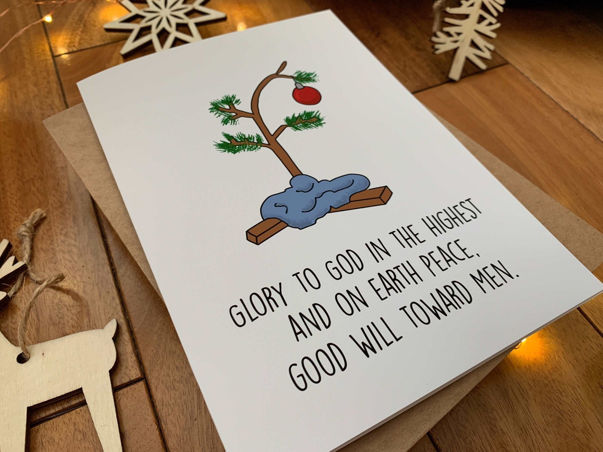 Cute Handmade Holiday Charlie Brown Christmas Tree Card by StoneDonut Design