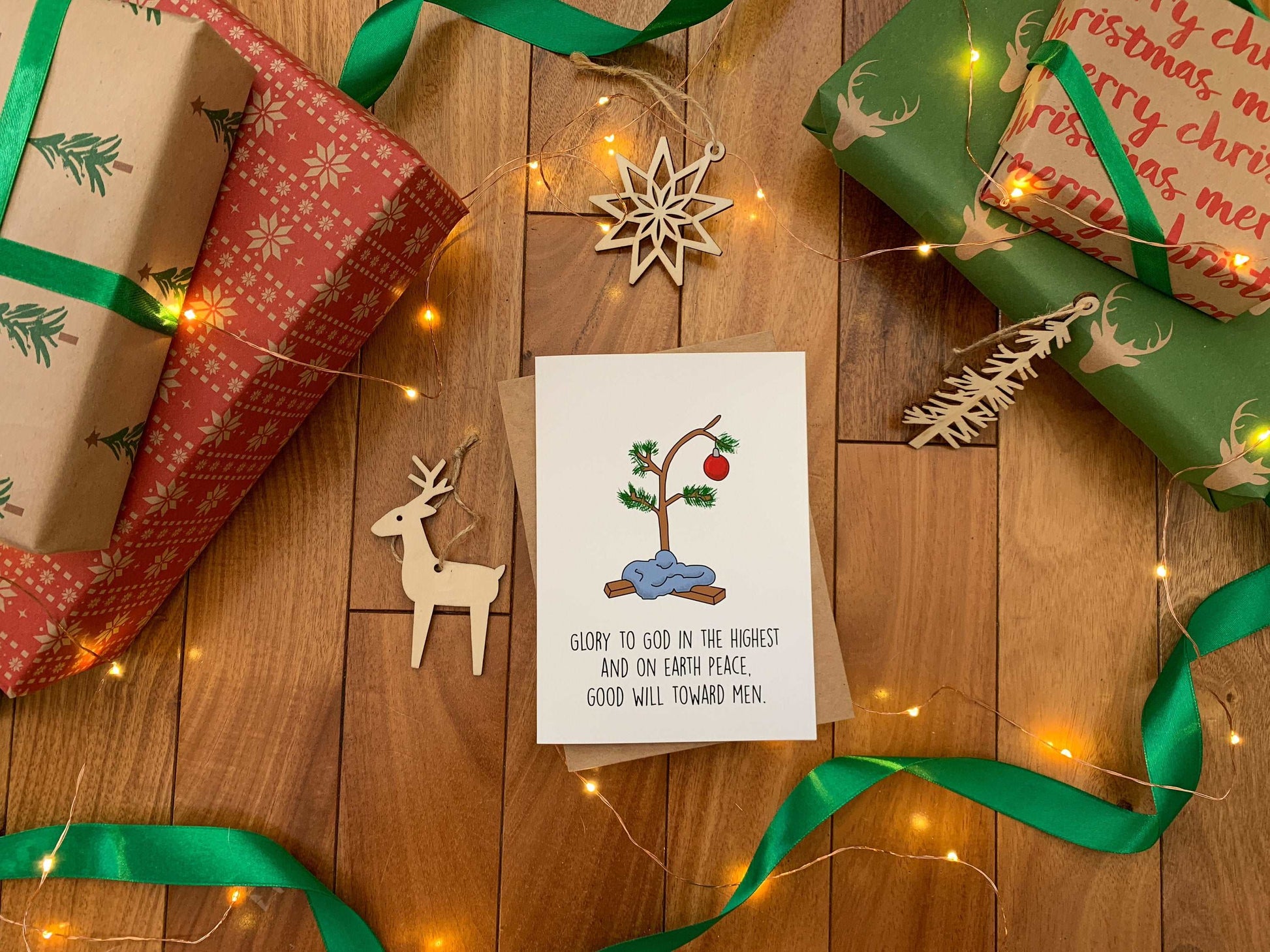 Cute Handmade Holiday Charlie Brown Christmas Tree Card by StoneDonut Design