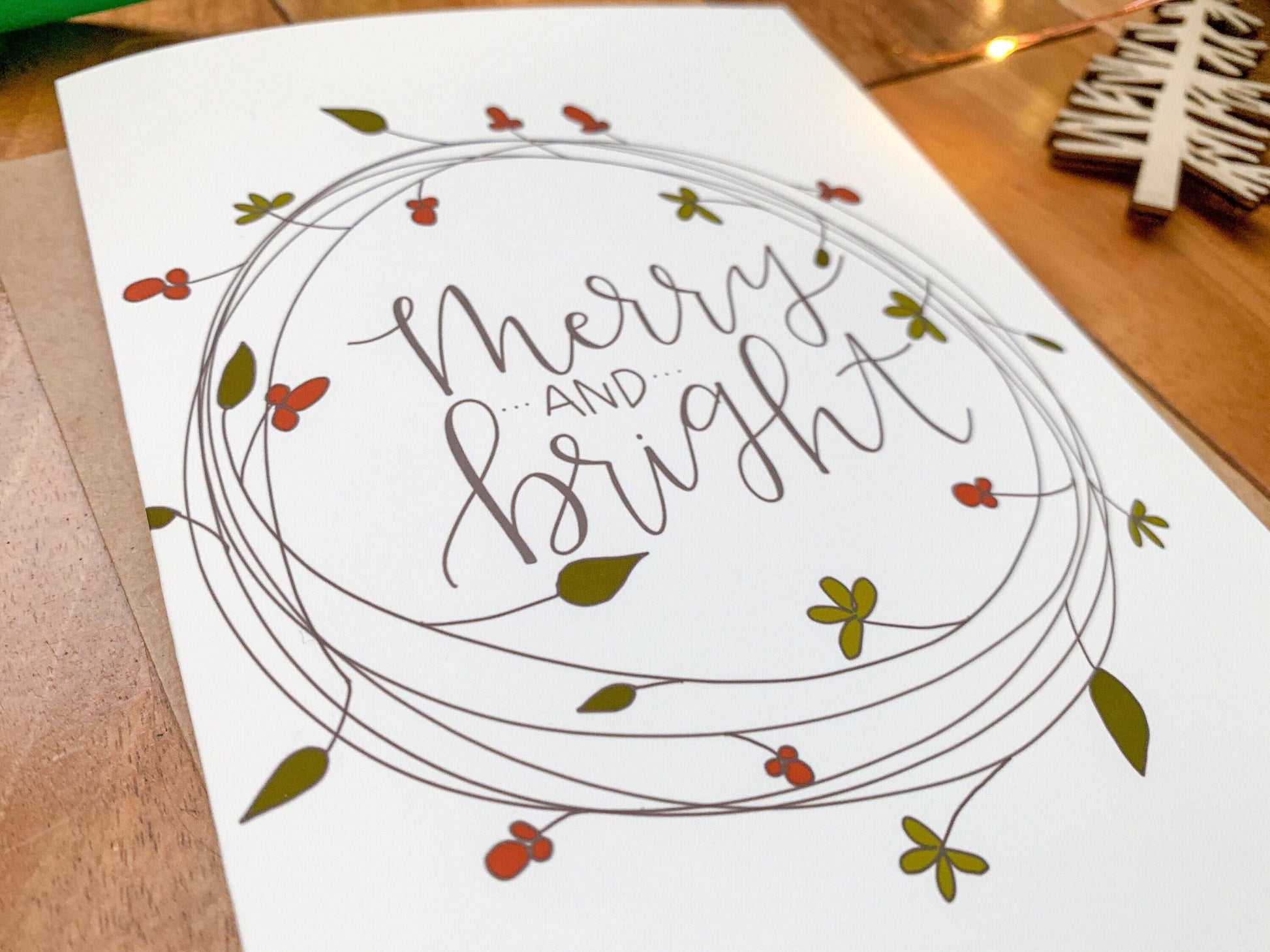 Cute Handmade Merry & Bright Wreath Holiday Card by StoneDonut Design