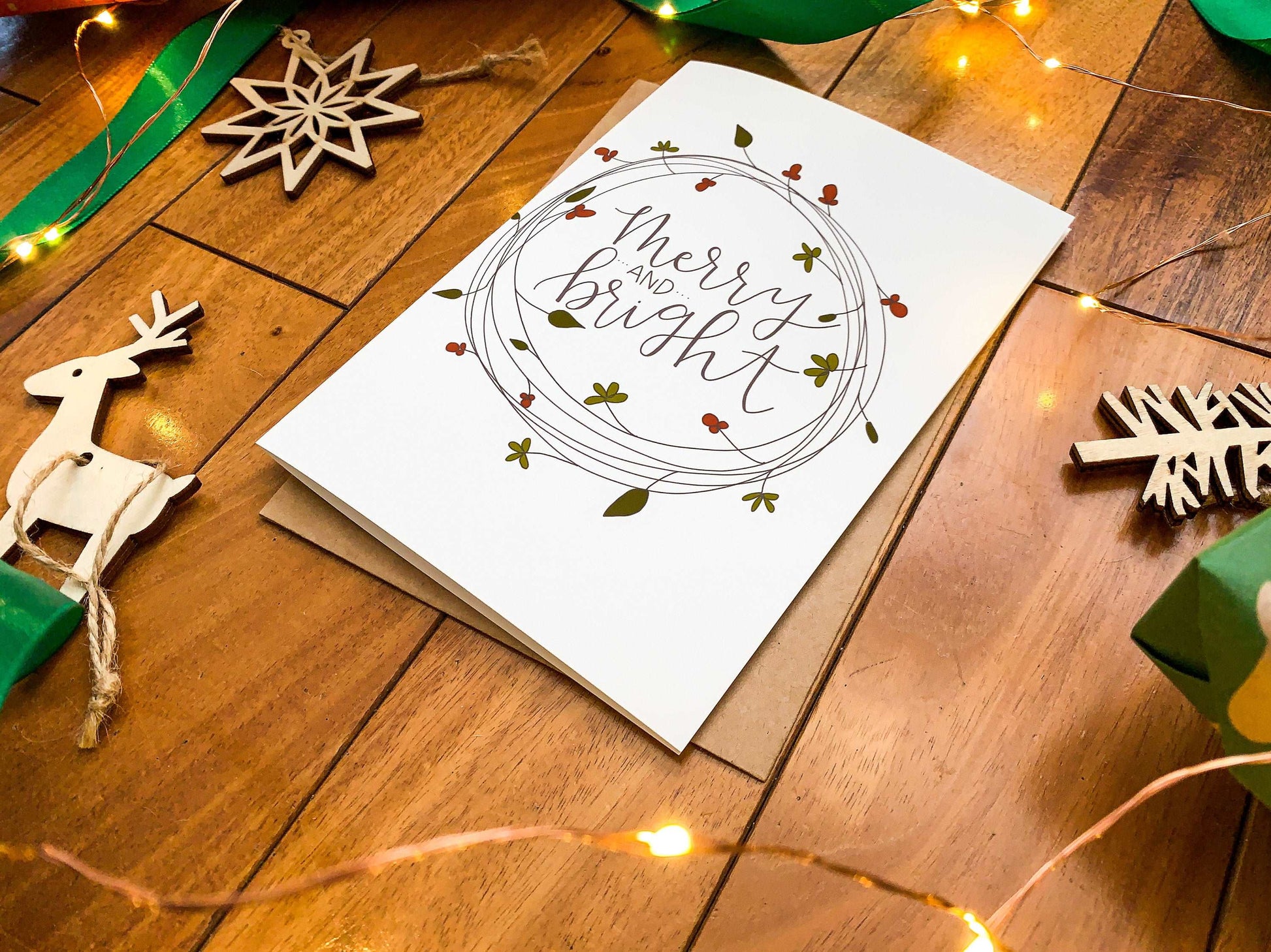 Cute Handmade Merry & Bright Wreath Holiday Card by StoneDonut Design