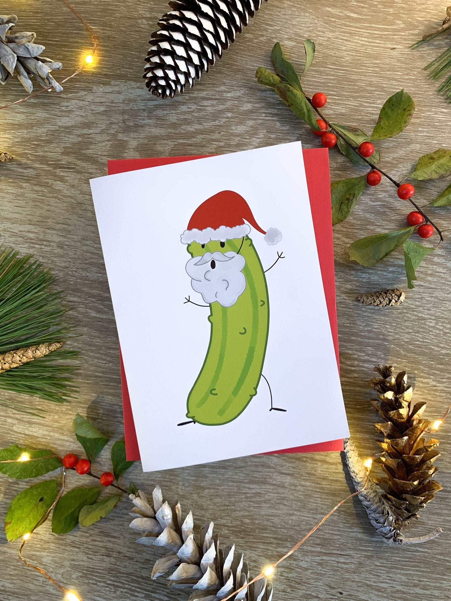 Funny Pickle Santa Handmade Christmas Card by StoneDonut Design