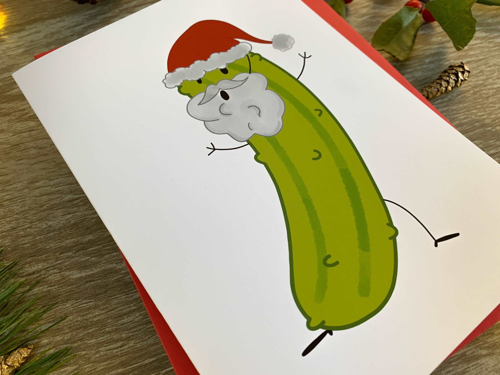 Funny Pickle Santa Handmade Christmas Card by StoneDonut Design
