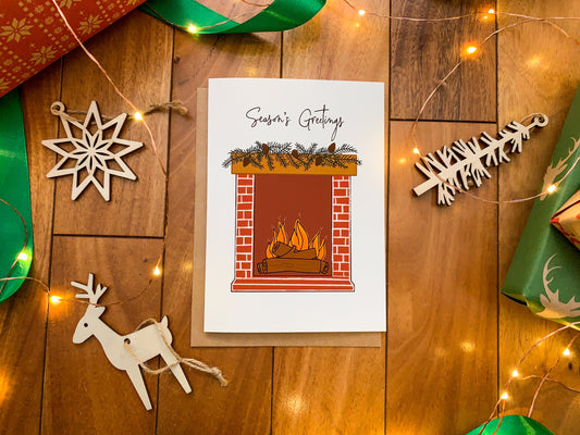 Vintage Inspired Nordic Designed Season's Greetings Fireplace Holiday Card by StoneDonut Design