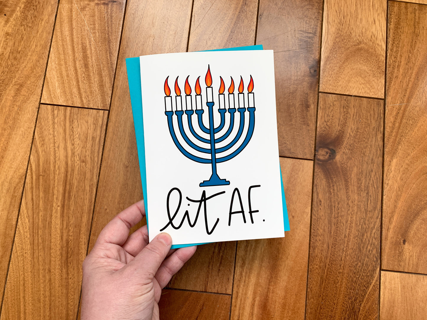 Handmade Menorah Lit AF Funny Hanukkah Card by StoneDonut Design