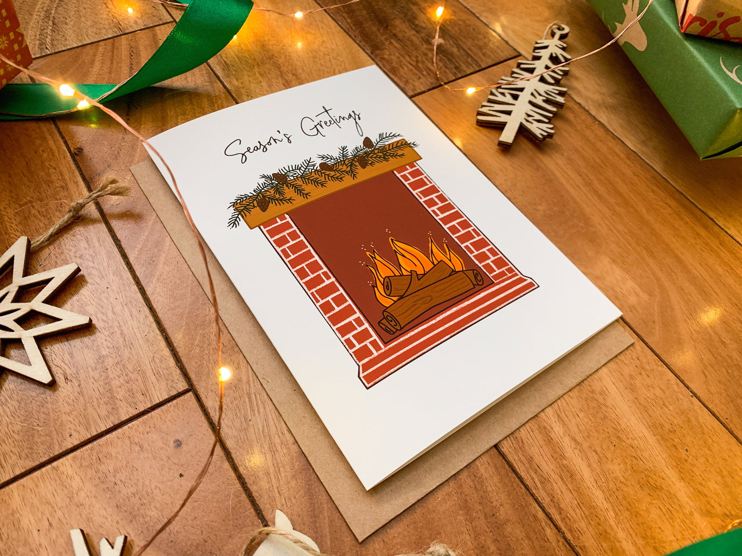 Vintage Inspired Nordic Designed Season's Greetings Fireplace Holiday Card by StoneDonut Design