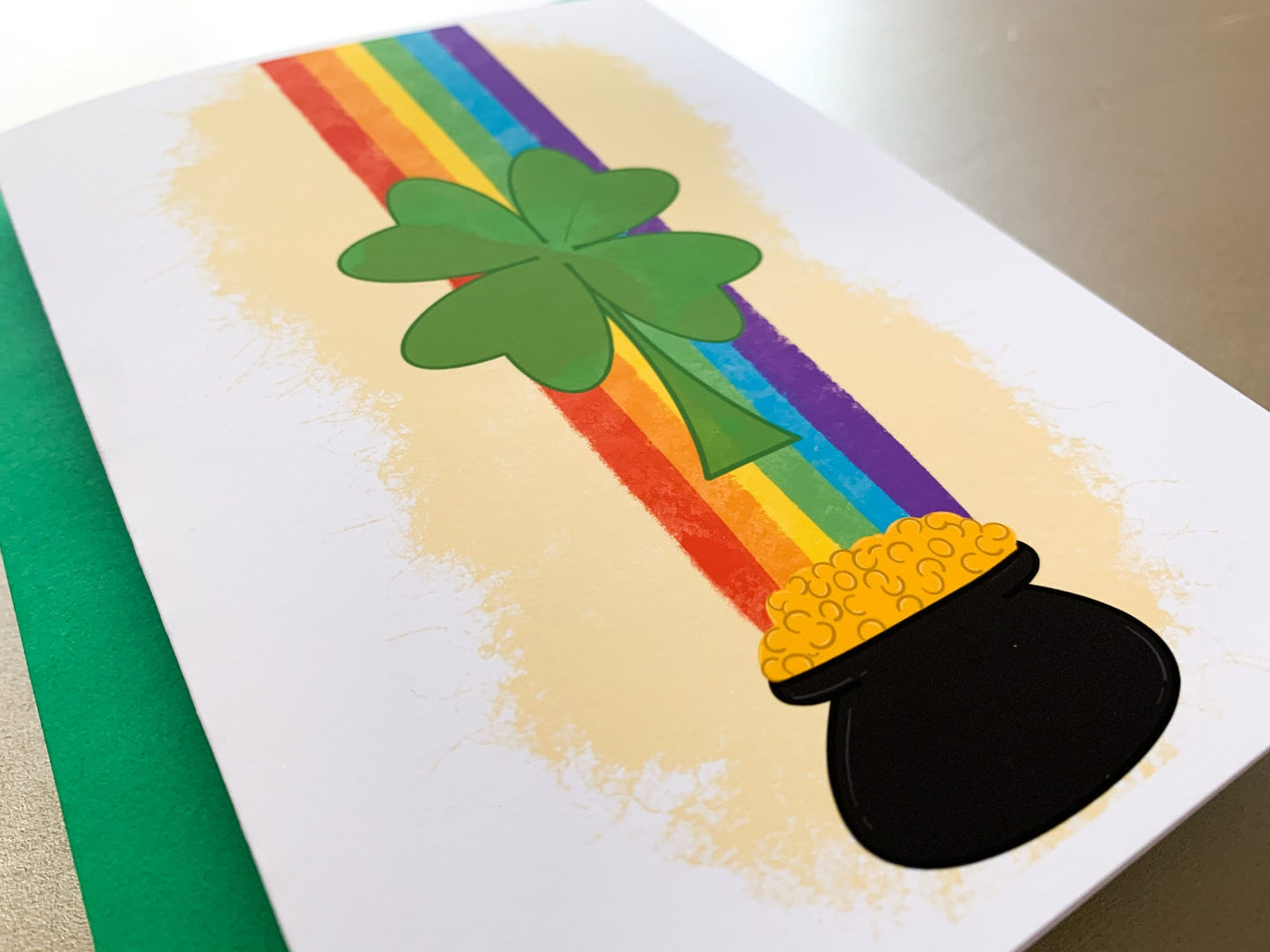 St. Patrick's Day Shamrock Rainbow Pot of Gold Handmade Card by StoneDonut Design